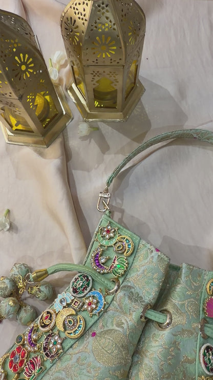 Banarasi Kundan Mint Green Potli Bag