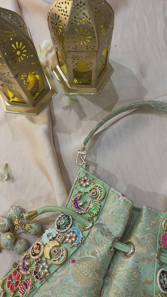 Banarasi Kundan Mint Green Potli Bag