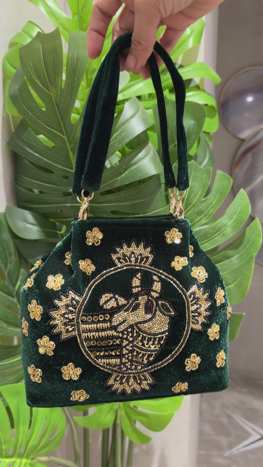 Cow Pichwai Green Velvet Handbag