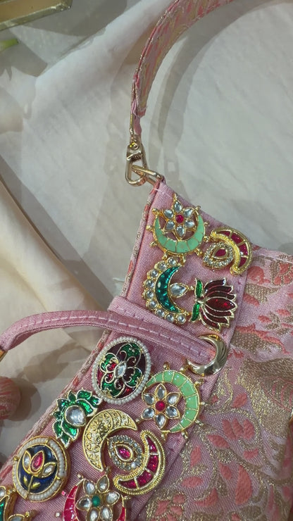 Banarasi Kundan Pink Potli Bag