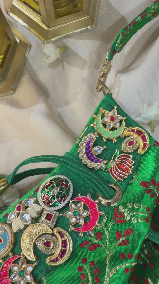 Banarasi Kundan Vibrant Green Potli Bag