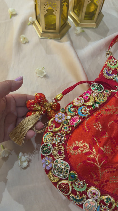 Banarasi Kundan Vibrant Red Potli Bag