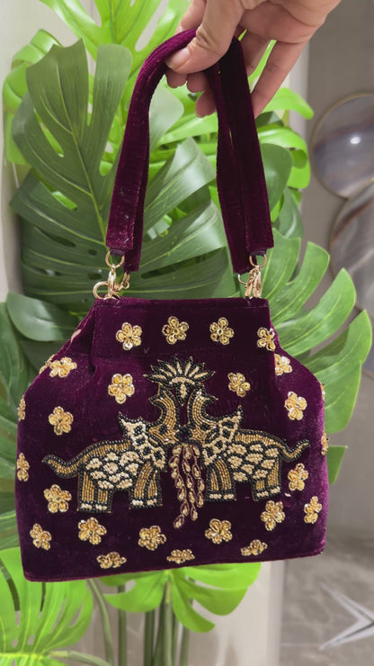 Pichwai Elephant Motif Gold Zardozi embroidery handbag