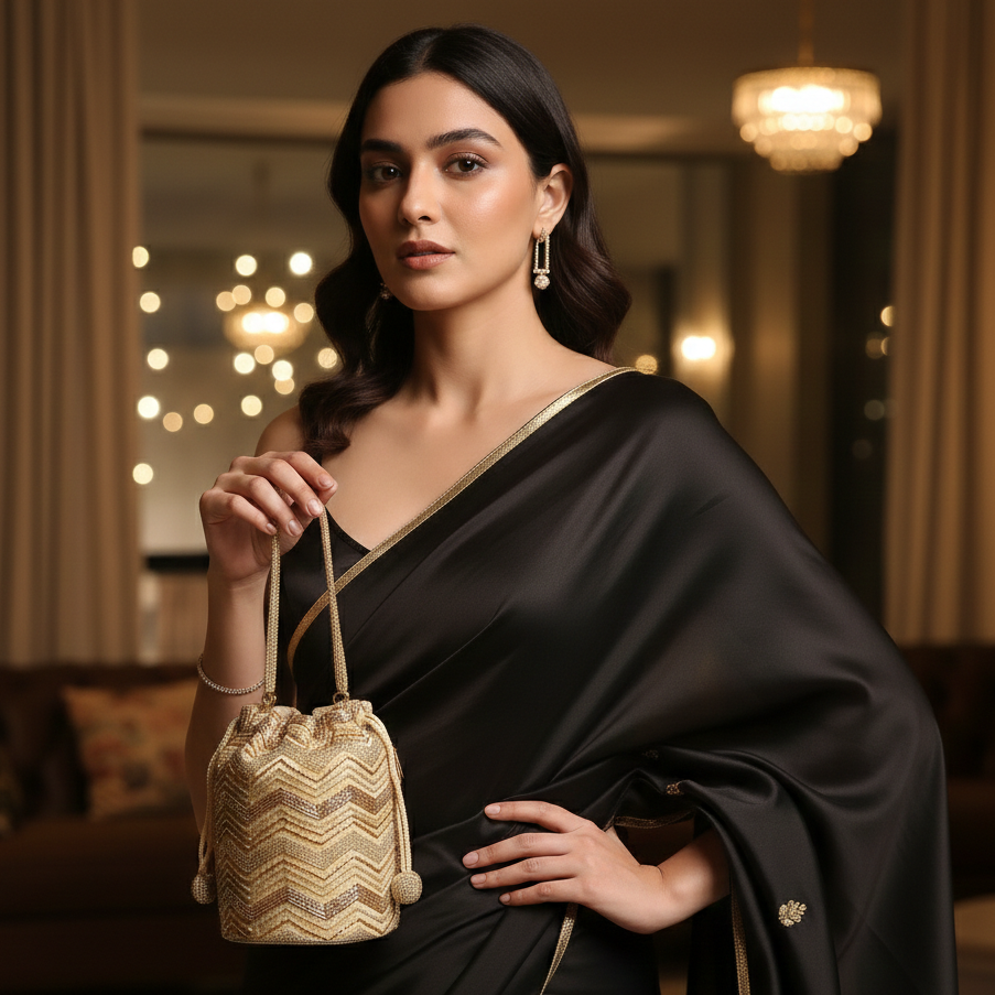 Gold Zigzag Print Bucket Potli