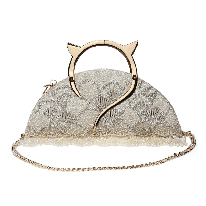 Pearl Embroidered Gold Halfmoon Clutch