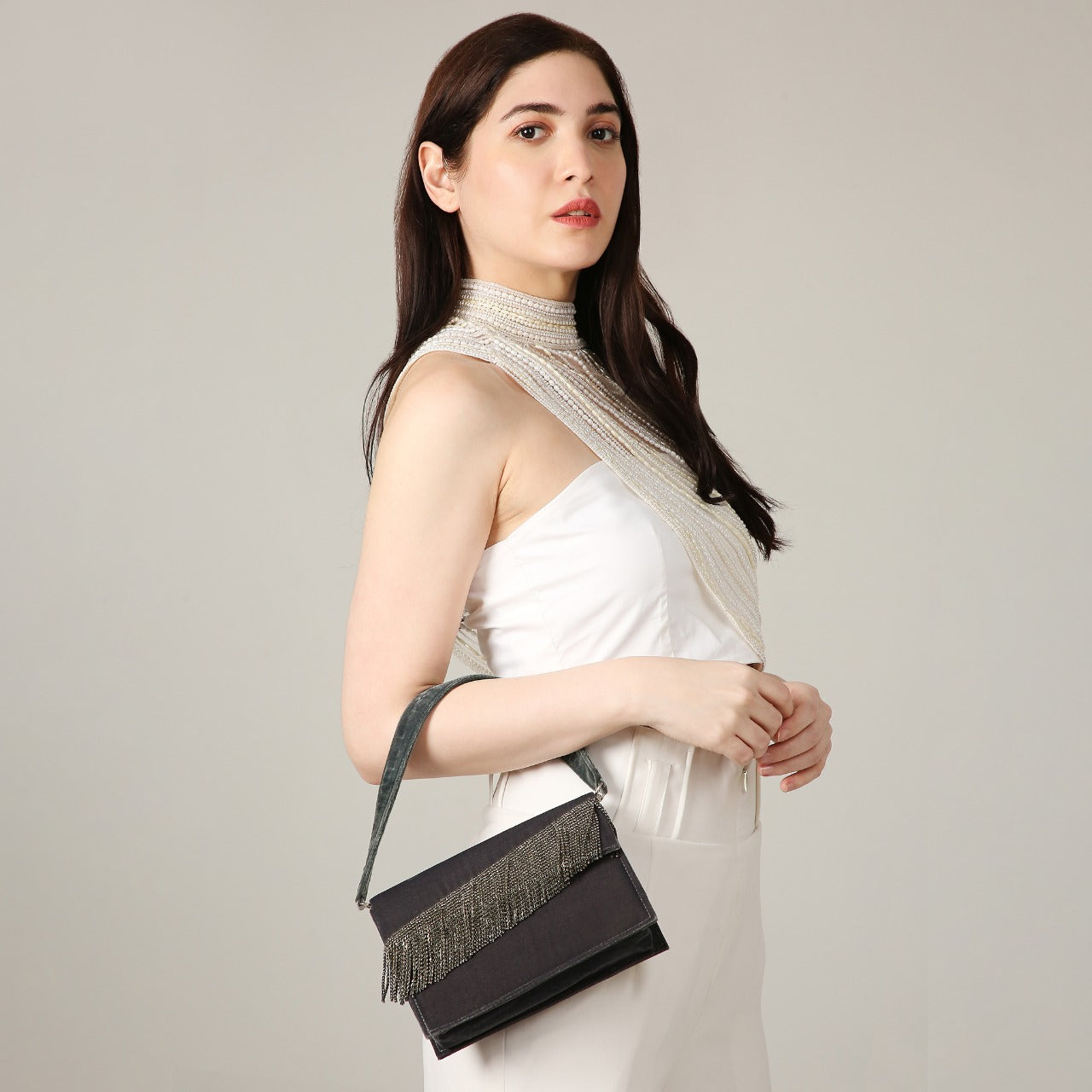 Ivy Grey Silver Velvet Handbag