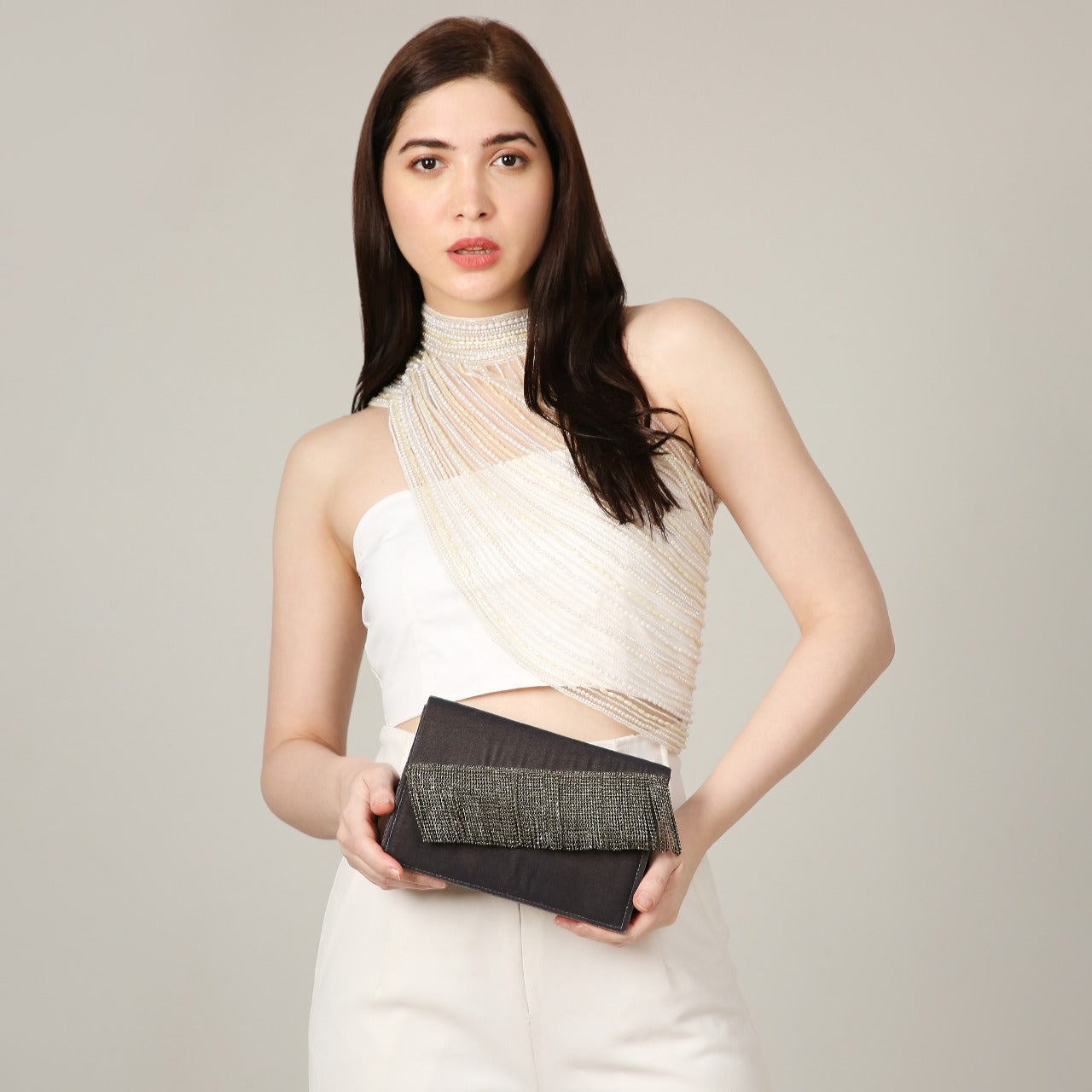 Ivy Grey Silver Velvet Handbag