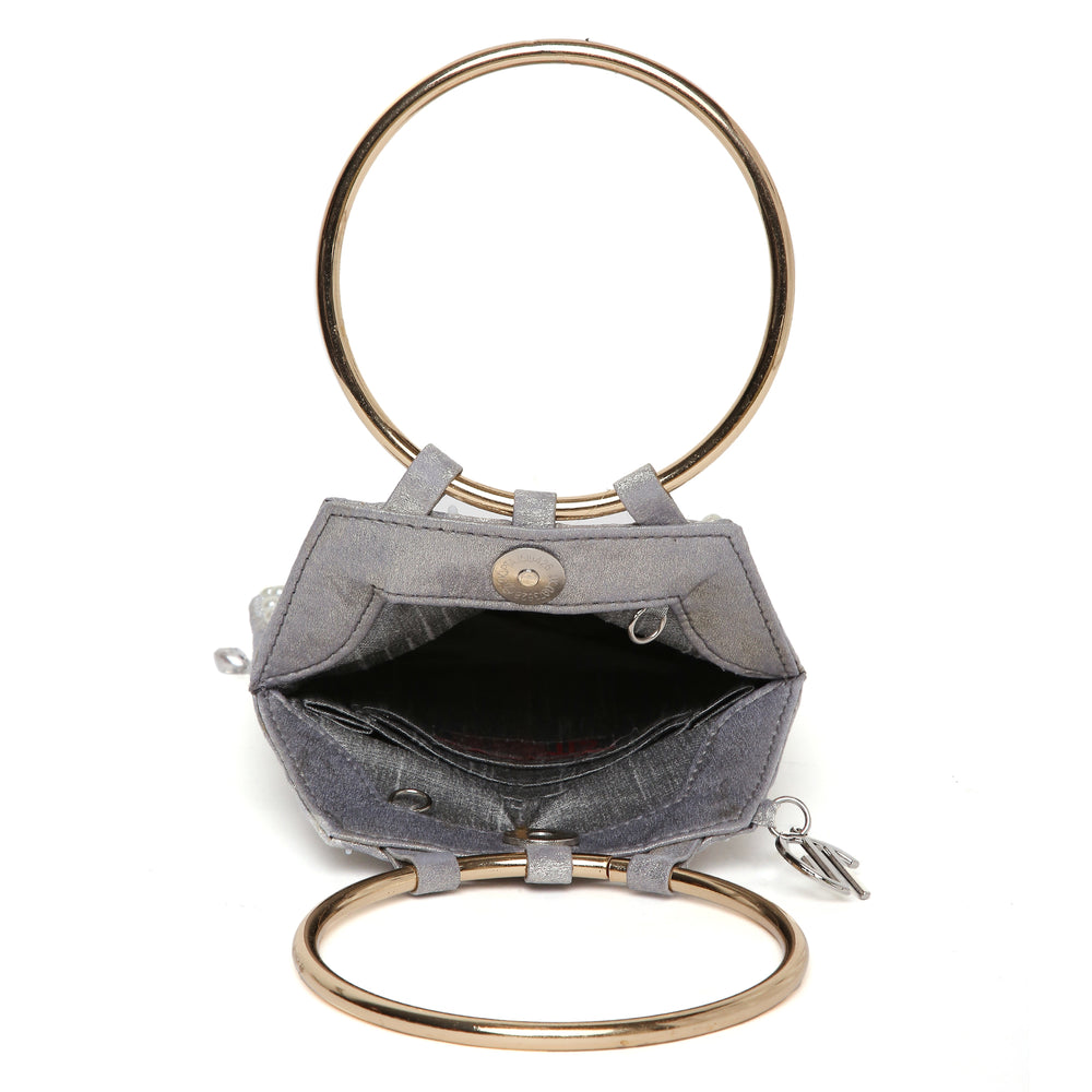 Pearl Embroidered Silver Bangle Handle Handbag
