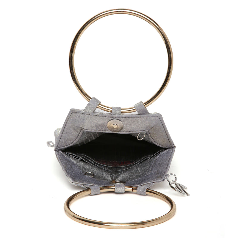 Pearl Embroidered Silver Bangle Handle Handbag