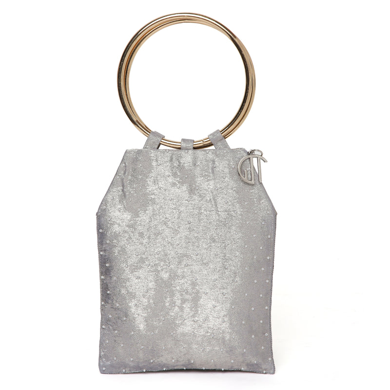 Pearl Embroidered Silver Bangle Handle Handbag