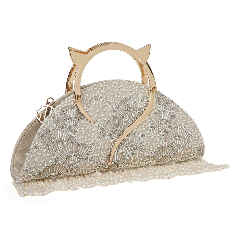 Pearl Embroidered Gold Halfmoon Clutch