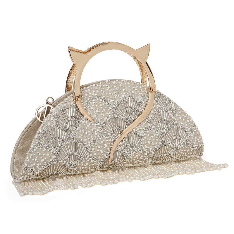 Pearl Embroidered Gold Halfmoon Clutch