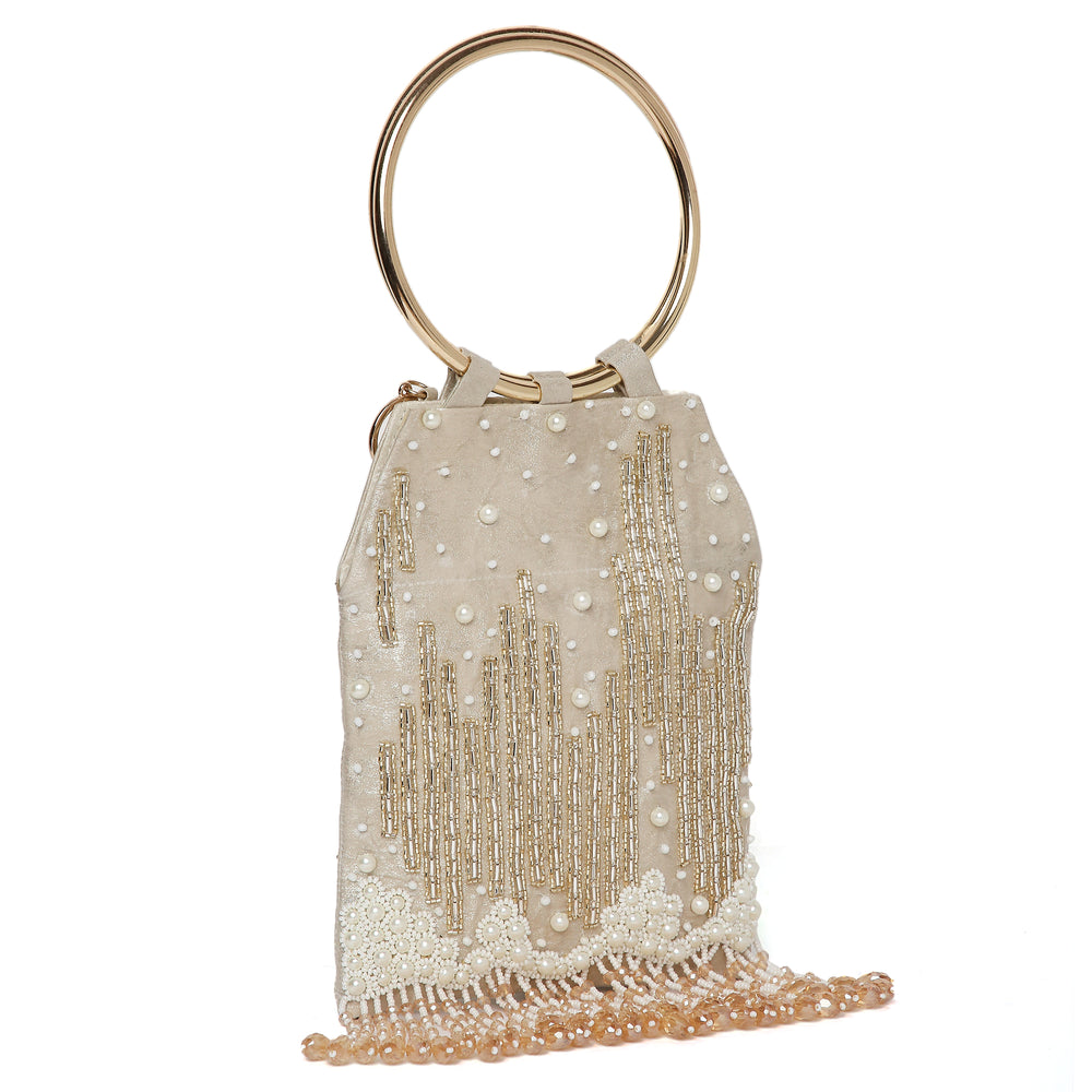 Pearl Embroidered Gold Bangle Handle Handbag