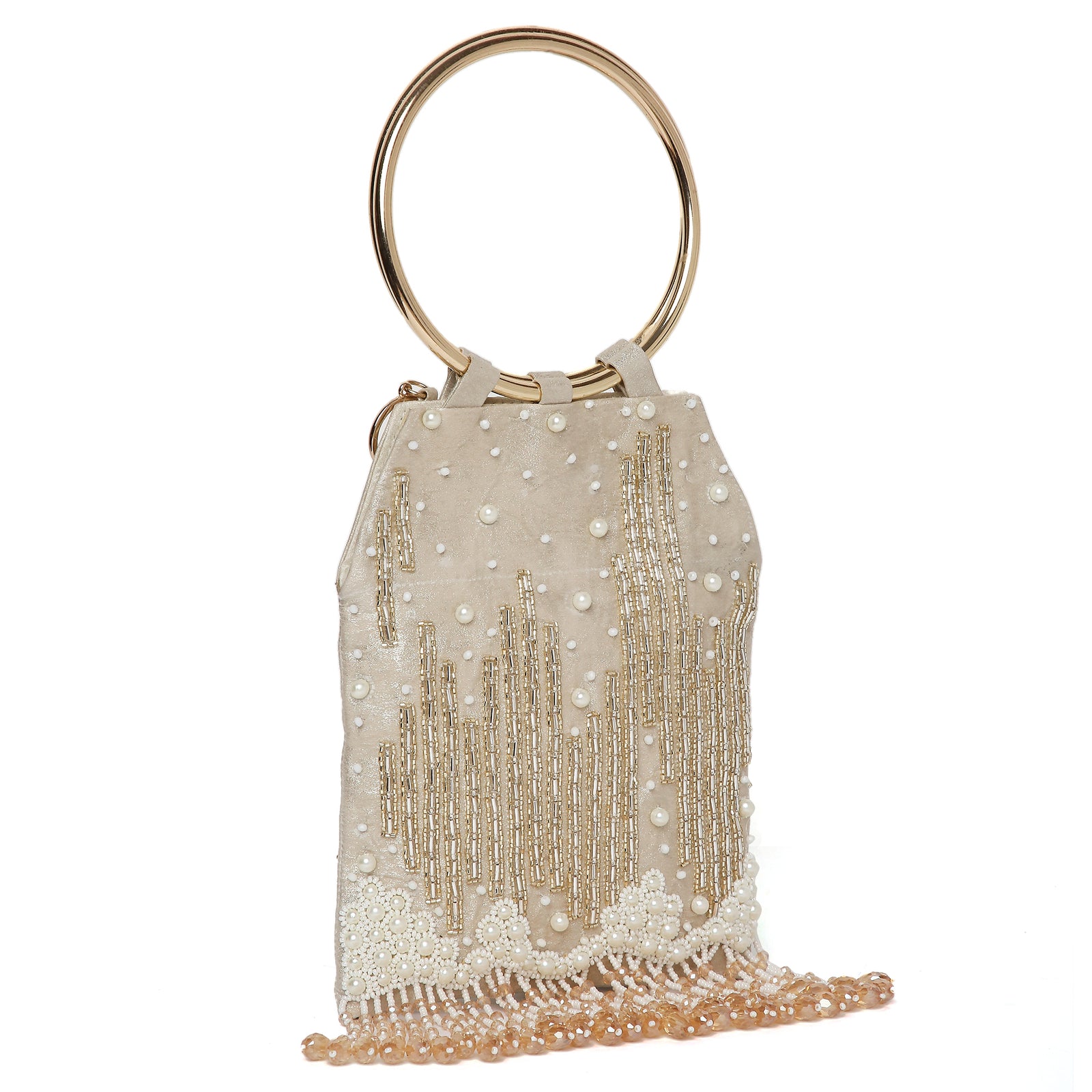 Pearl Embroidered Gold Bangle Handle Handbag