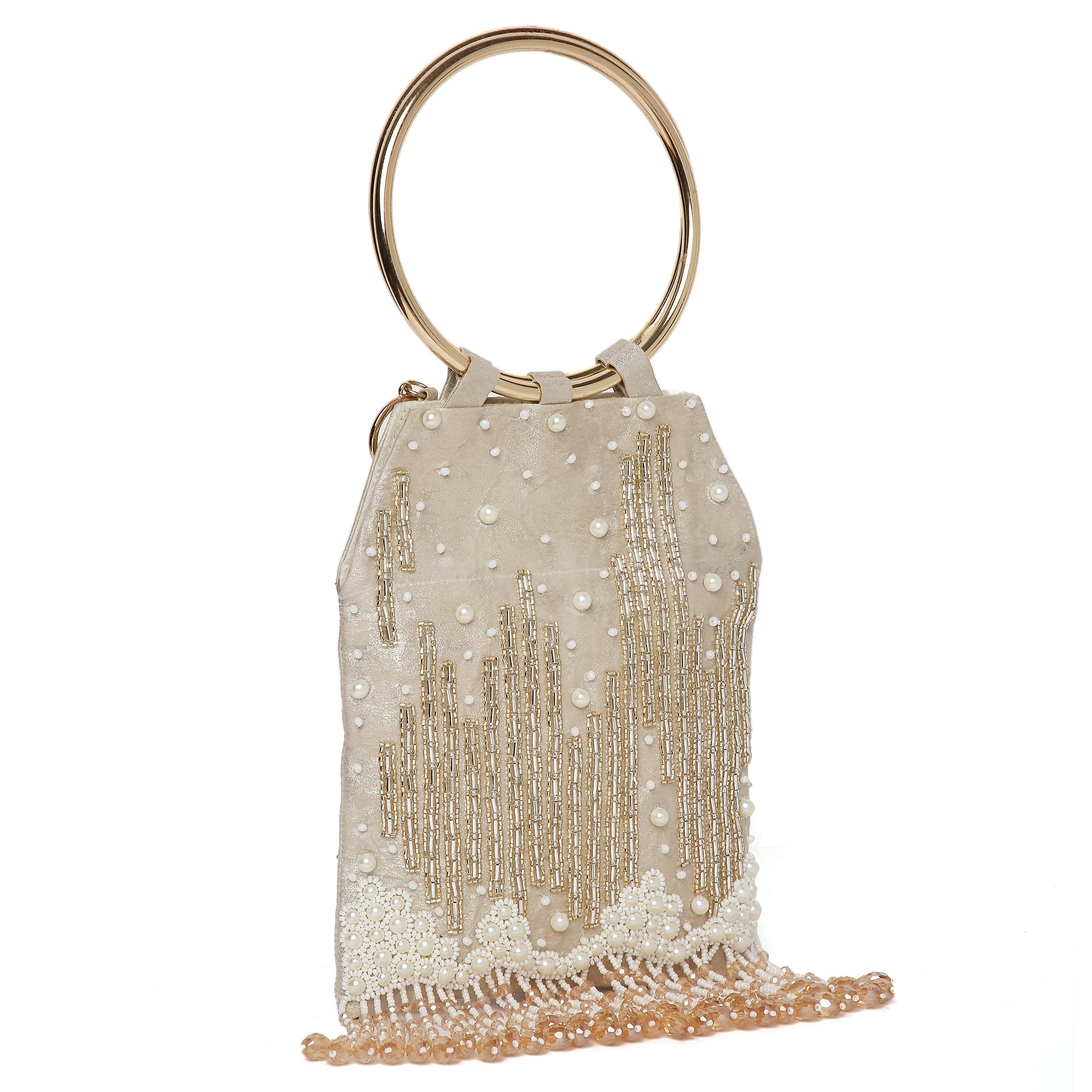 Pearl Embroidered Gold Bangle Handle Handbag