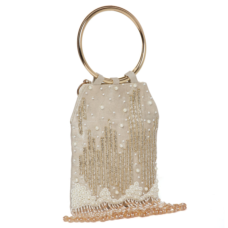 Pearl Embroidered Gold Bangle Handle Handbag