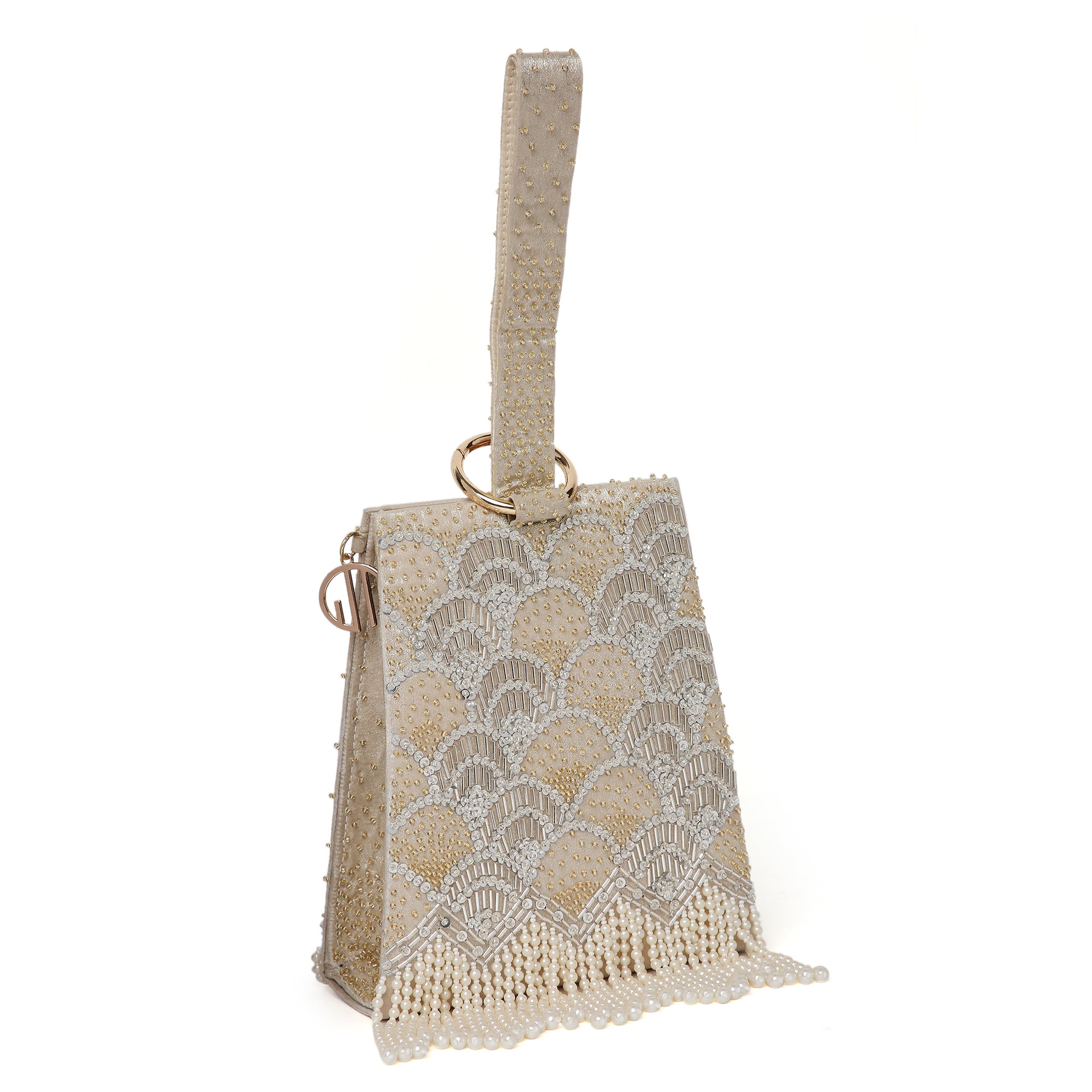 Pearl Embroidered Gold Wristlet Handbag