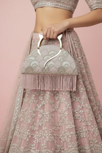 Pearl Embroidered Pink Halfmoon Clutch
