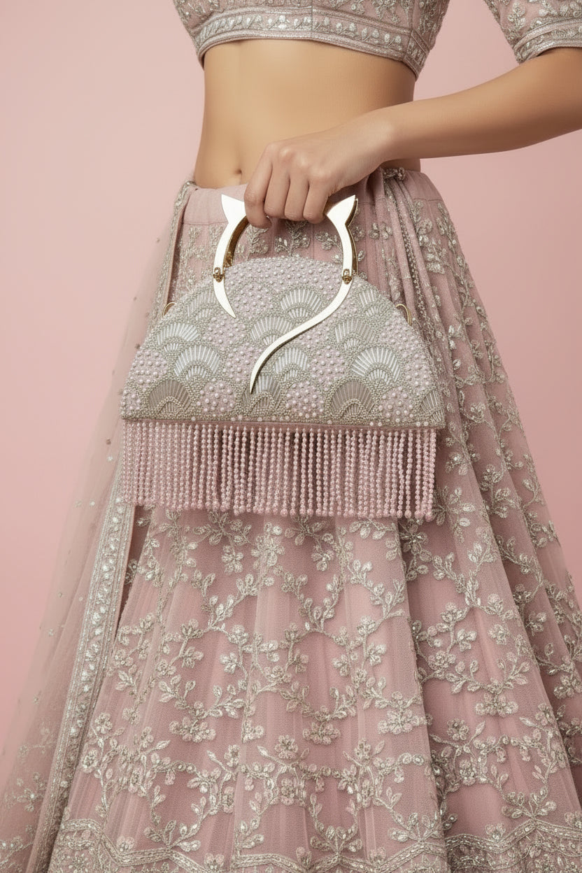Pearl Embroidered Pink Halfmoon Clutch