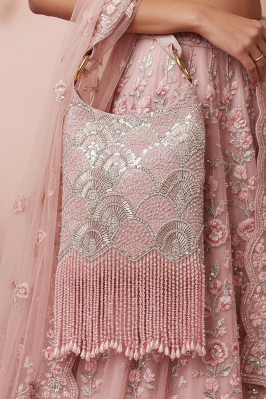 Pearl Embroidered Pink Hobo Handbag