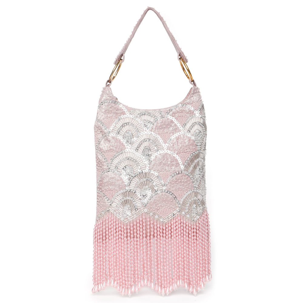 Pearl Embroidered Pink Hobo Handbag