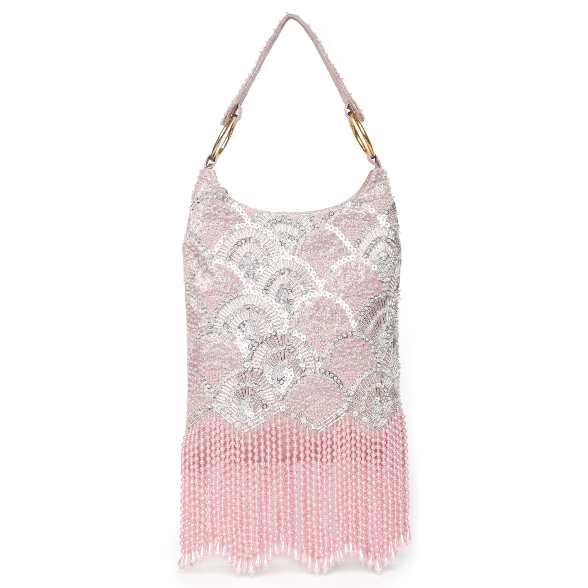 Pearl Embroidered Pink Hobo Handbag