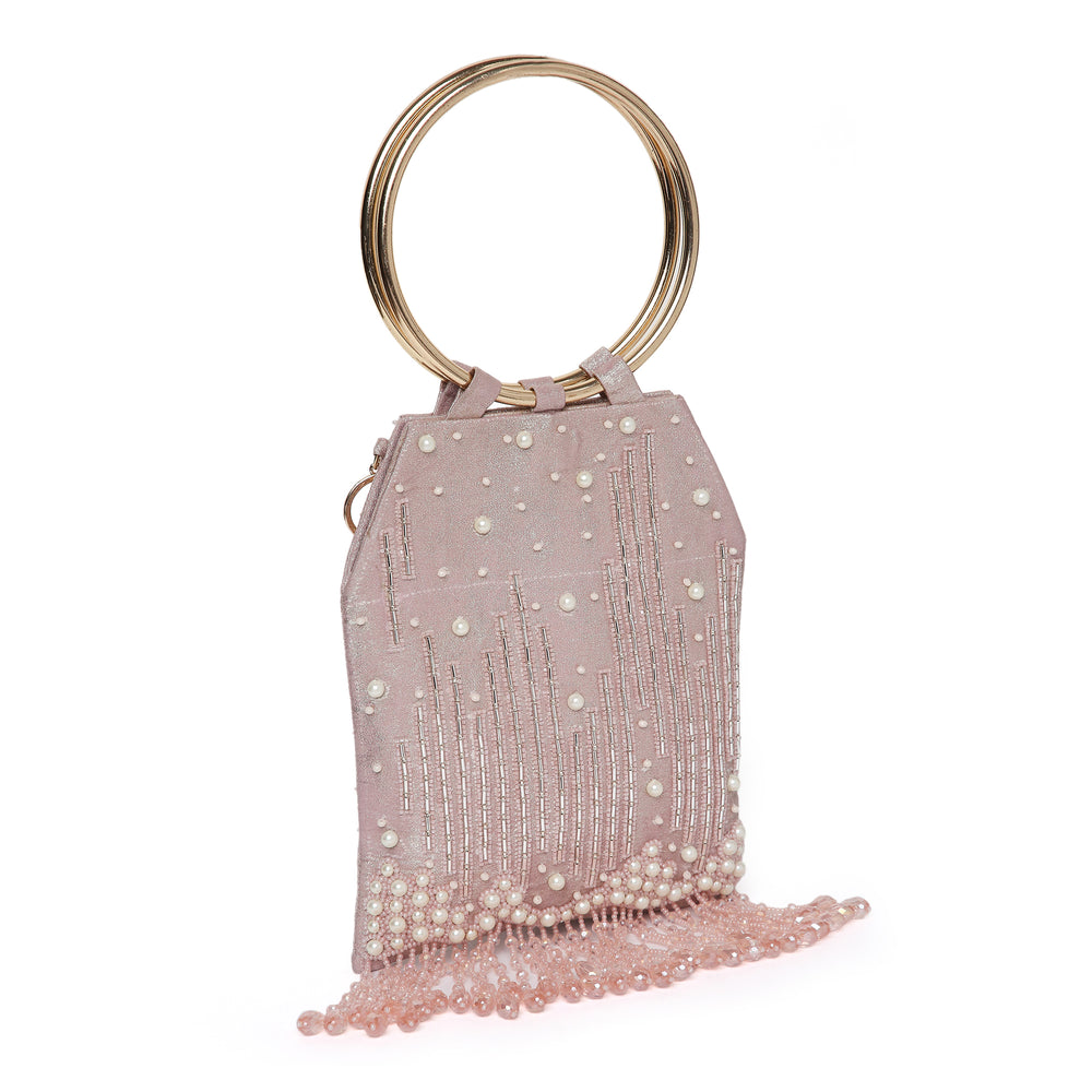 Pearl Embroidered Pink Bangle Handle Handbag