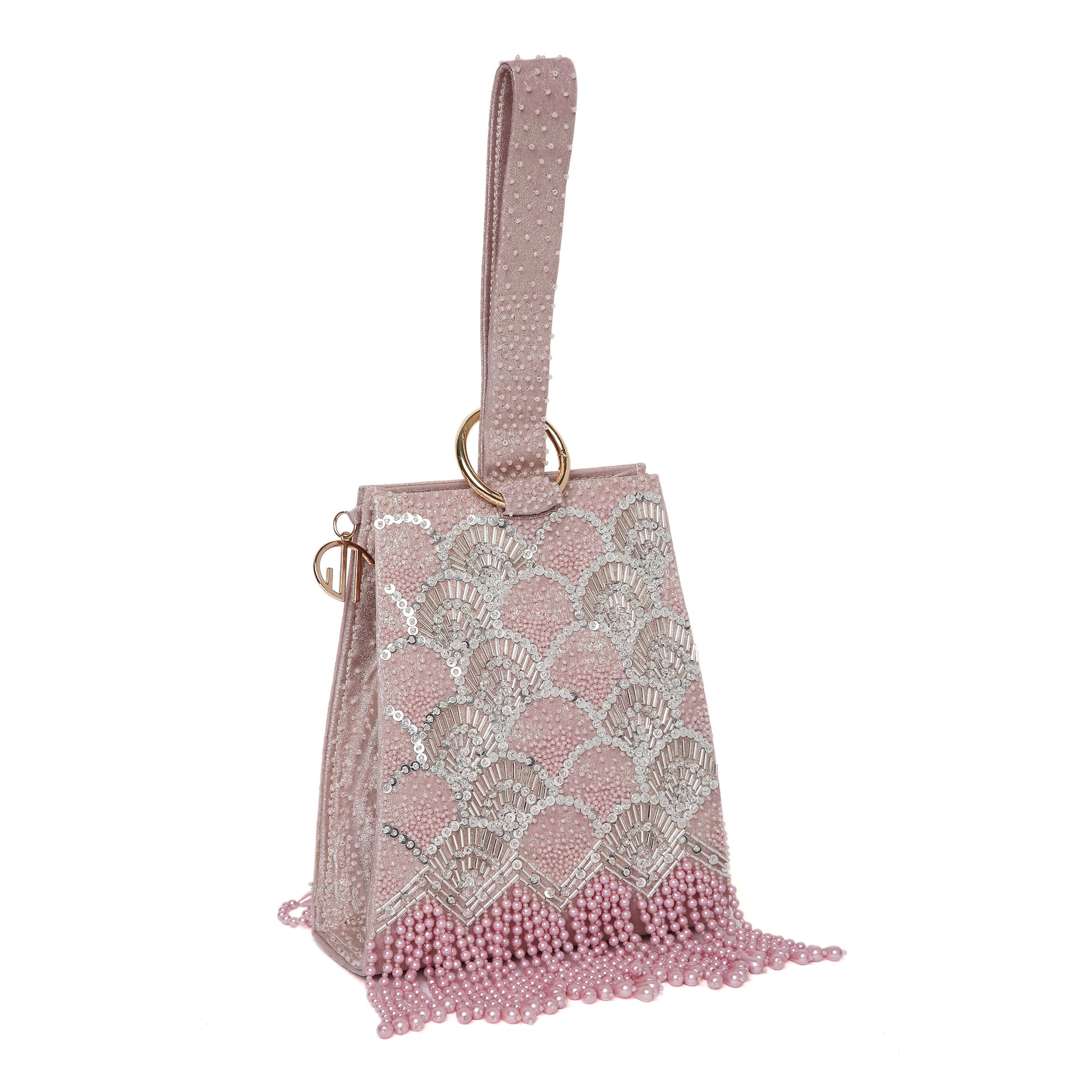 Pearl Embroidered Pink Wristlet Handbag