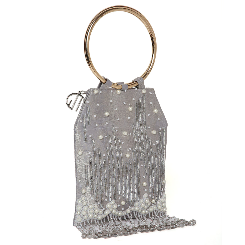 Pearl Embroidered Silver Bangle Handle Handbag