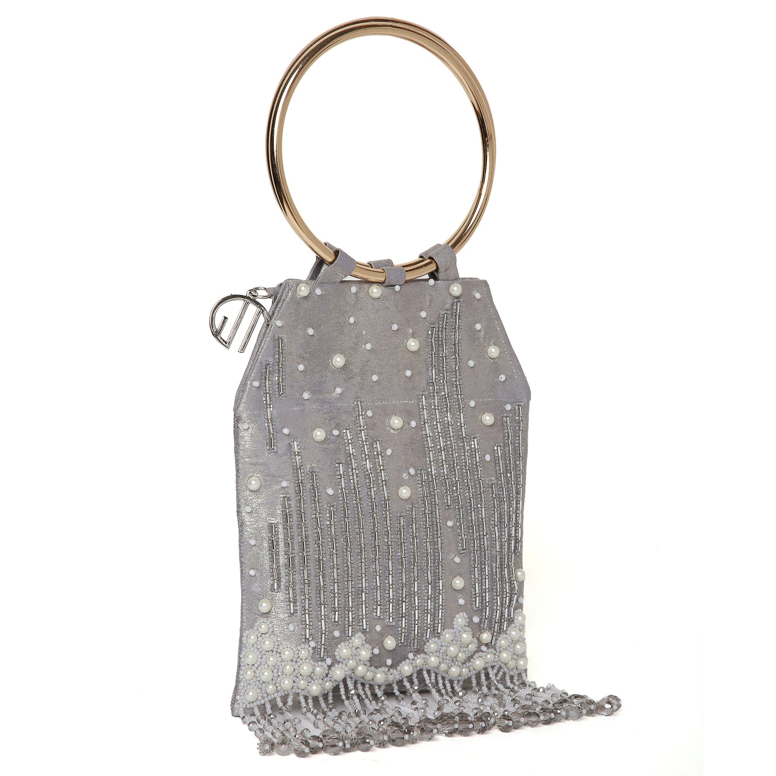 Pearl Embroidered Silver Bangle Handle Handbag