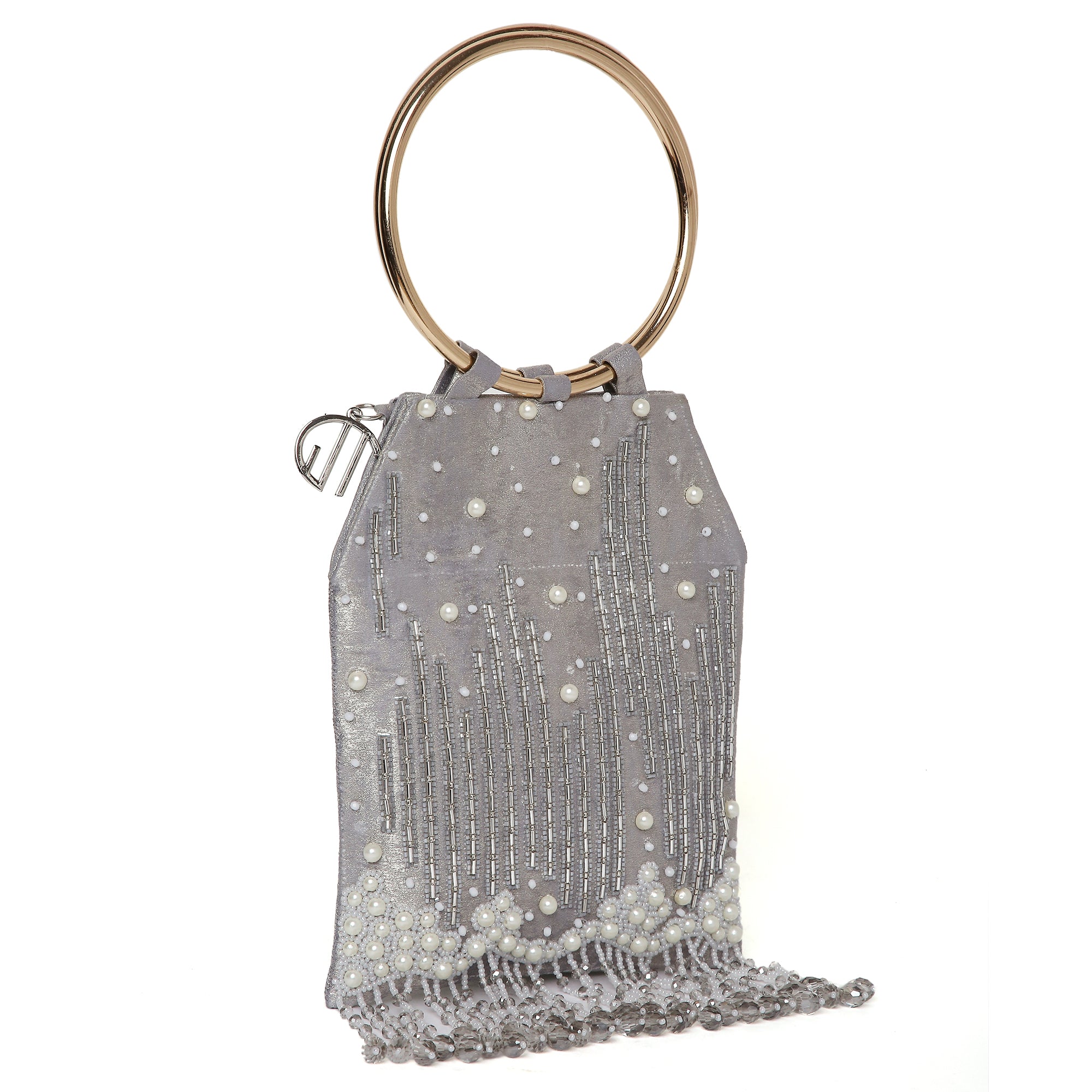 Pearl Embroidered Silver Bangle Handle Handbag