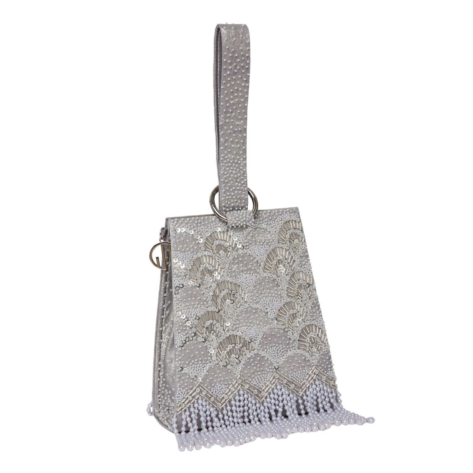 Pearl Embroidered Silver Wristlet Handbag
