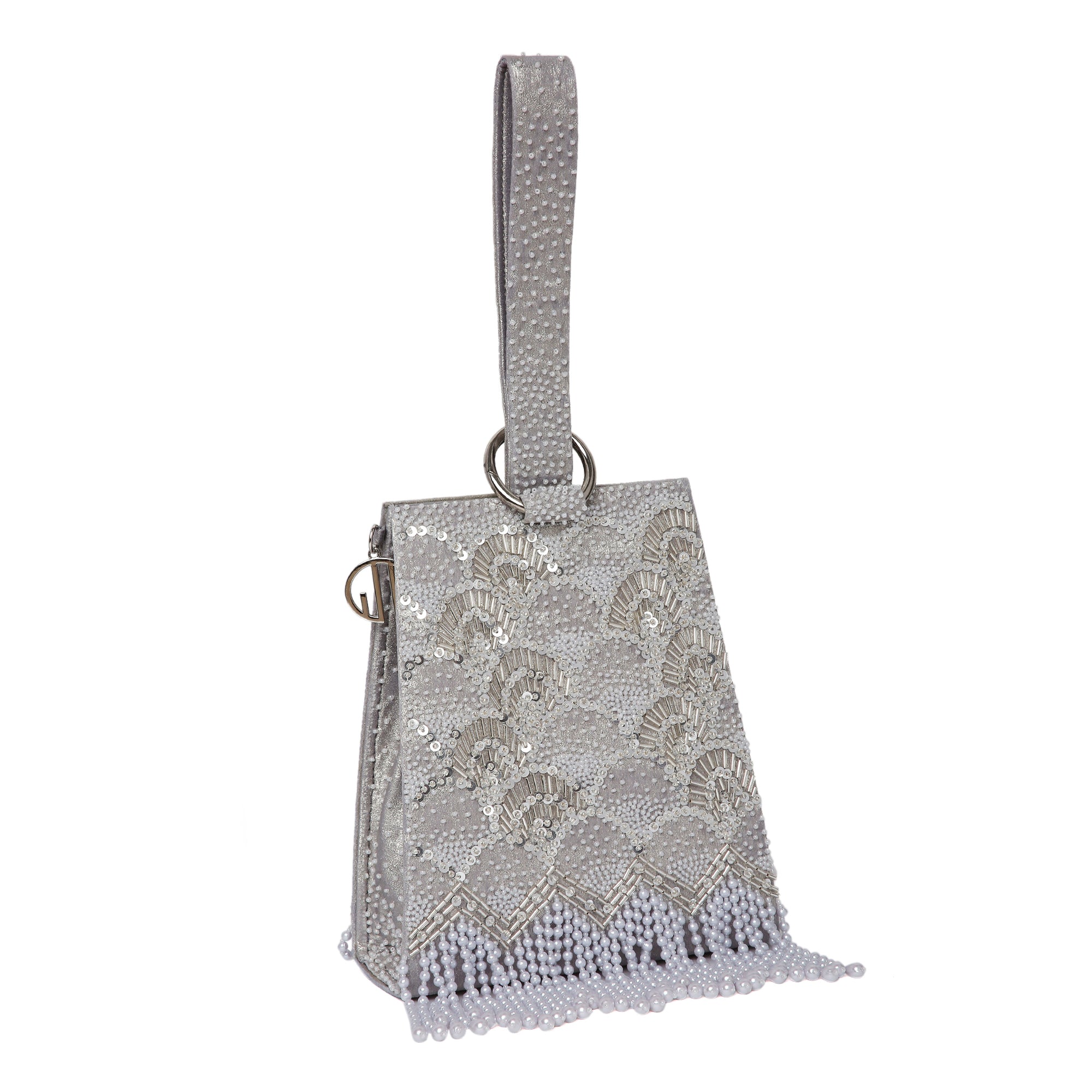 Pearl Embroidered Silver Wristlet Handbag