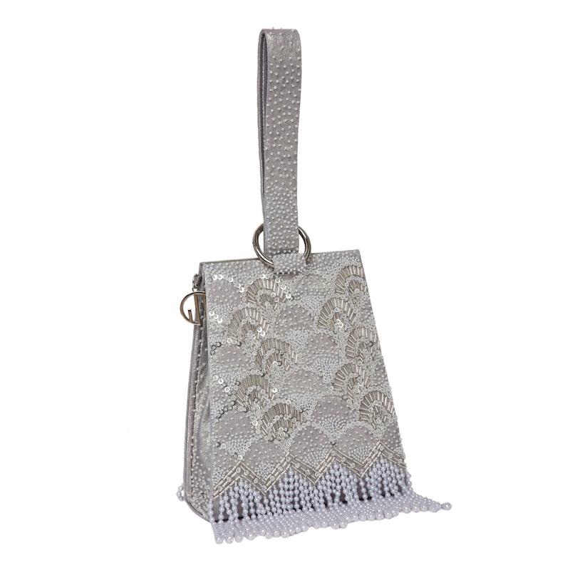 Pearl Embroidered Silver Wristlet Handbag