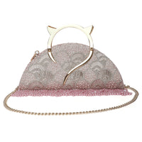 Pearl Embroidered Pink Halfmoon Clutch
