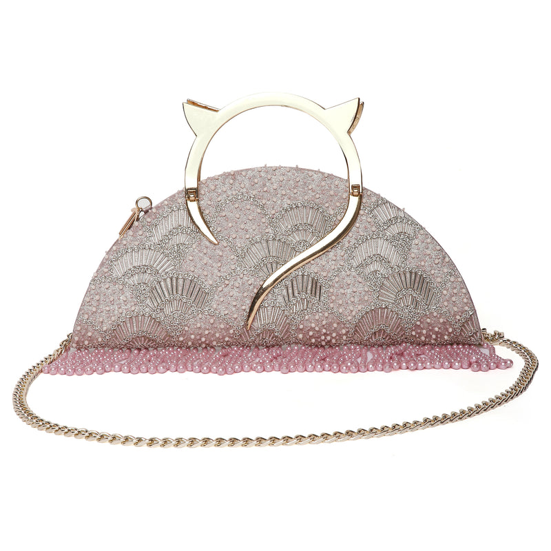 Pearl Embroidered Pink Halfmoon Clutch