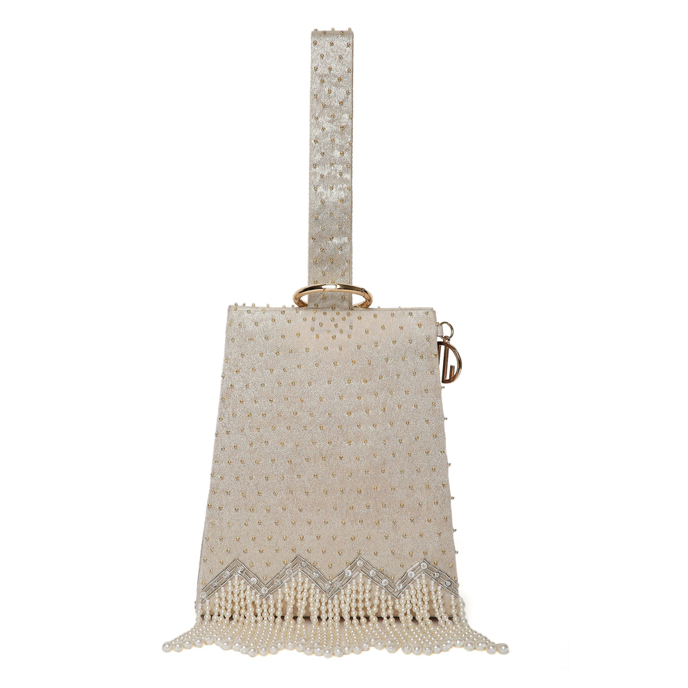 Pearl Embroidered Gold Wristlet Handbag