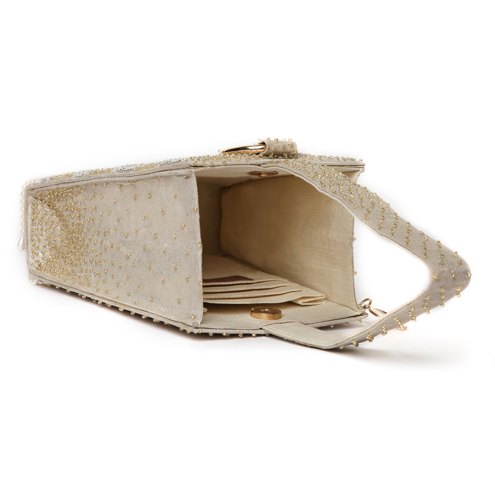 Pearl Embroidered Gold Wristlet Handbag