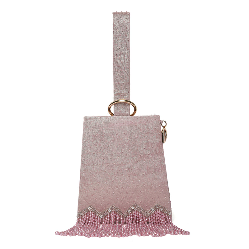Pearl Embroidered Pink Wristlet Handbag