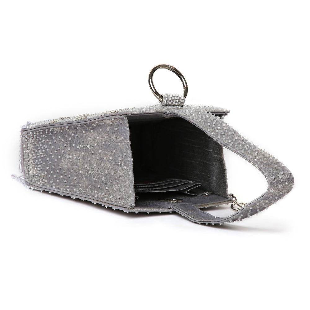 Pearl Embroidered Silver Wristlet Handbag