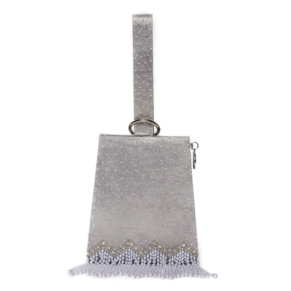Pearl Embroidered Silver Wristlet Handbag