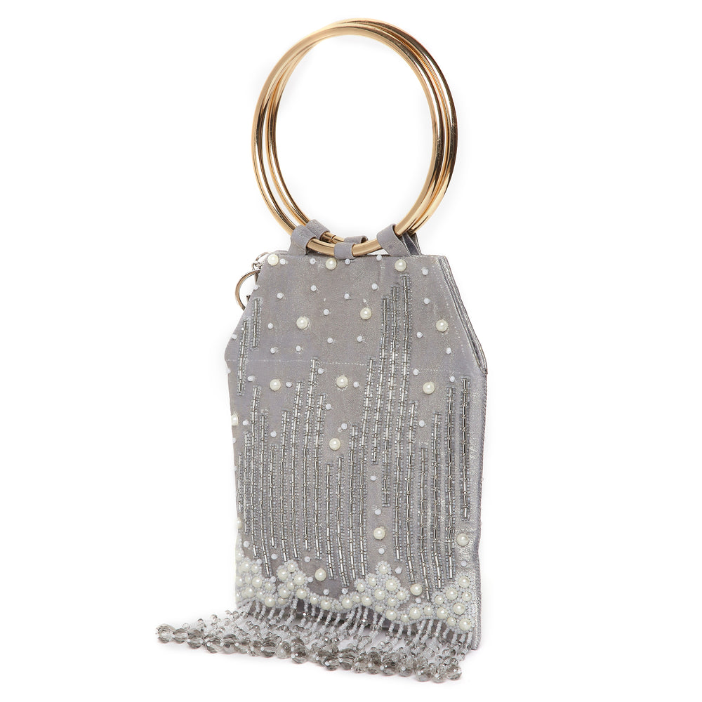 Pearl Embroidered Silver Bangle Handle Handbag