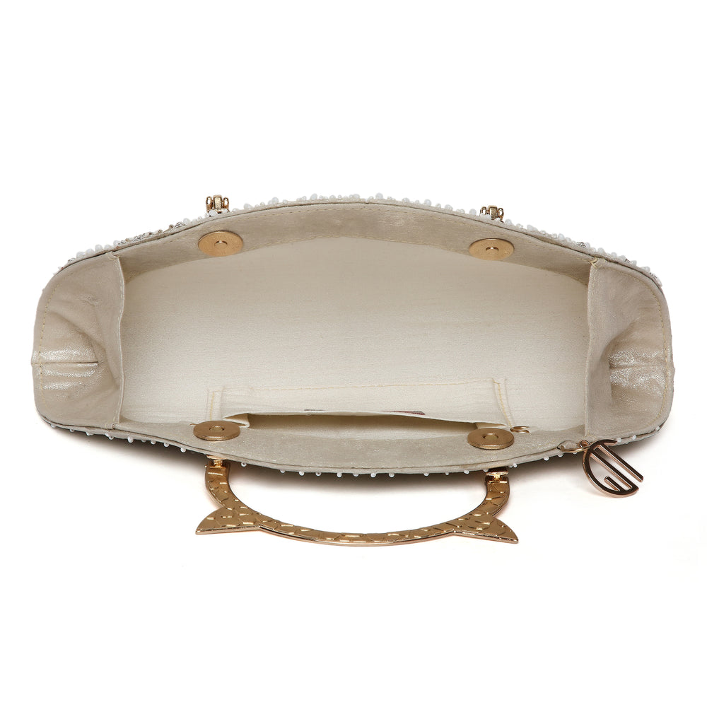Pearl Embroidered Gold Halfmoon Clutch