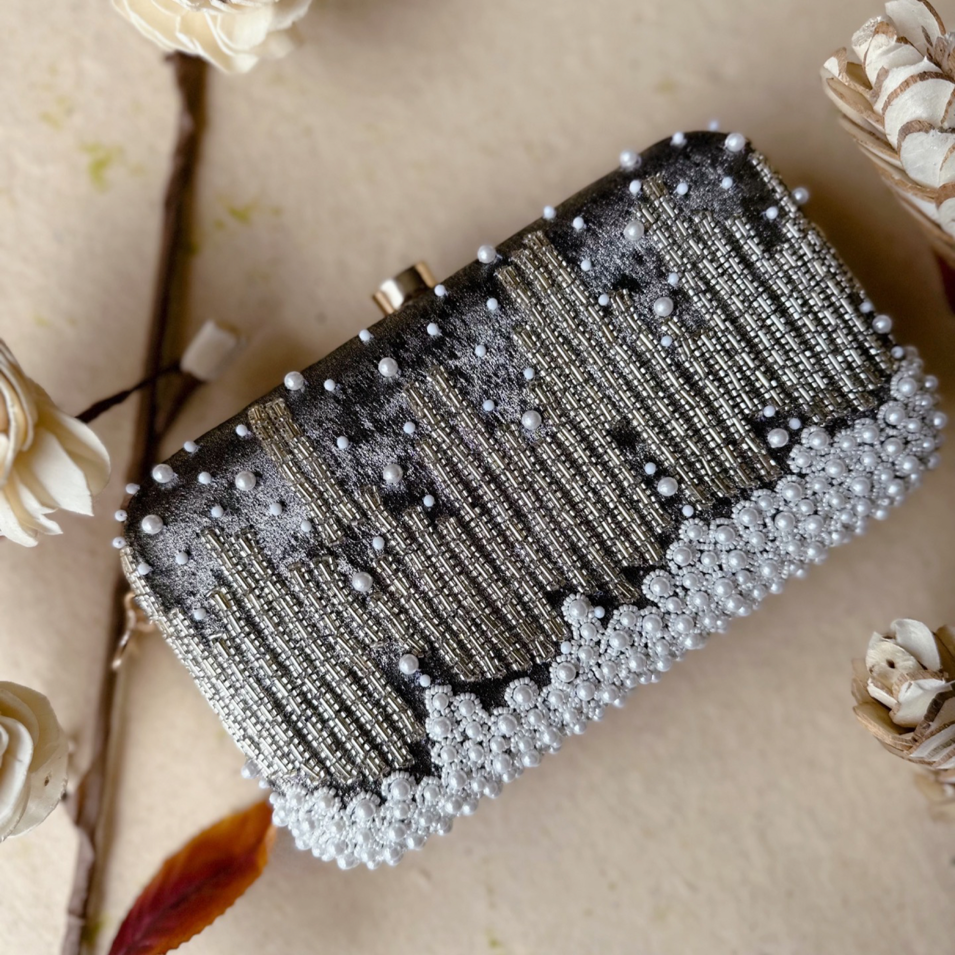 Grace Embellished Grey Clutch bag